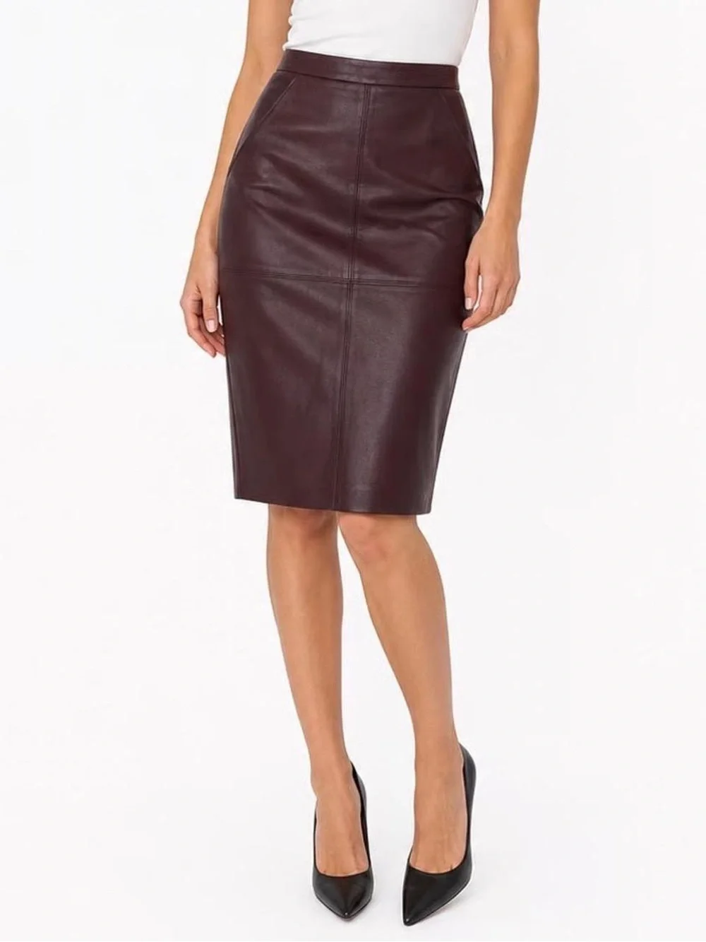 Express Womens Burgundy Faux Leather Pencil Skirt Midi High Waist Size 6 NWT